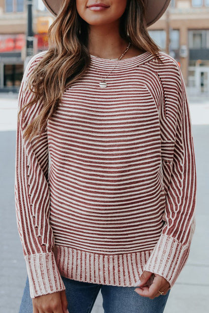 Striped Print Ribbed Knit Raglan Sleeve Baggy Sweater