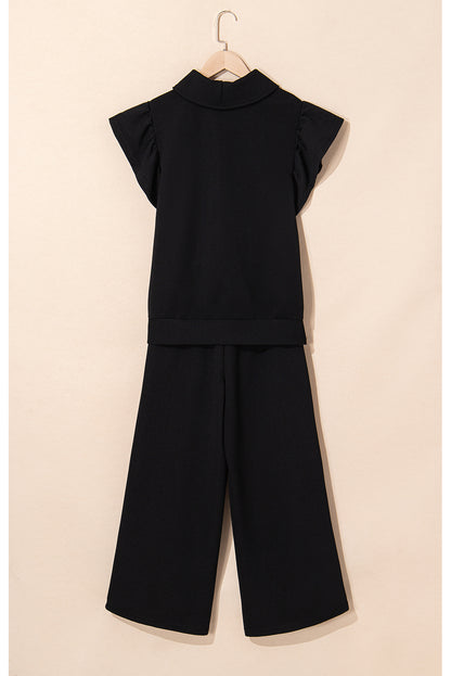 Textured Ruffle Sleeve Zipped Top and Wide Leg Pants Set