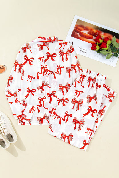 Red Christmas Bow Print Long Sleeve 2pcs Pajama Set