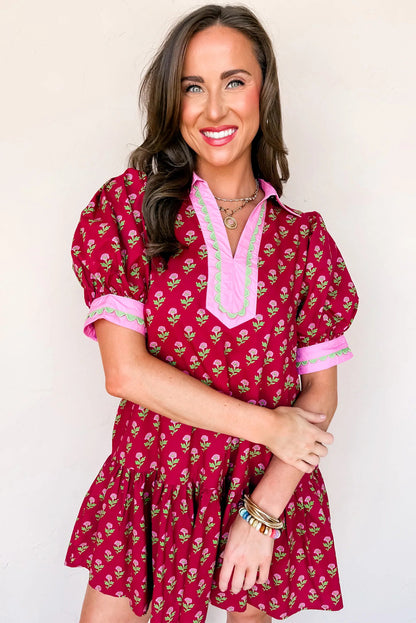 Red Floral Print Contrasted V Neck Short Bubble Sleeve Mini Dress
