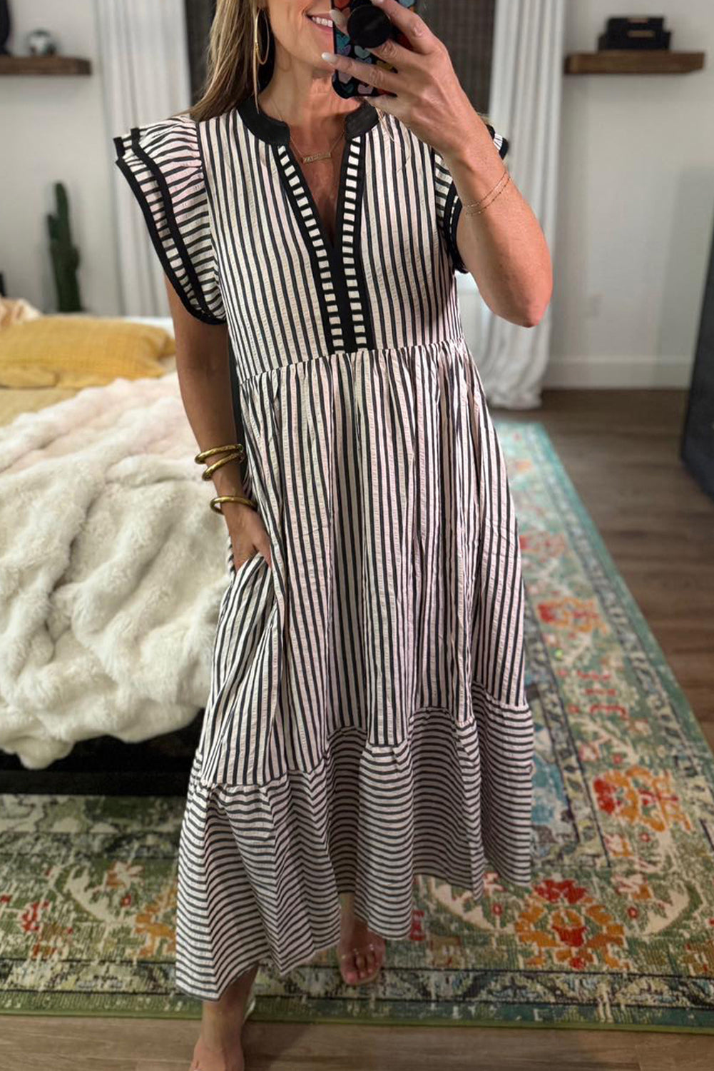 Stripe Double Ruffled Short Sleeve Contrast Trim V Neck Midi Dress