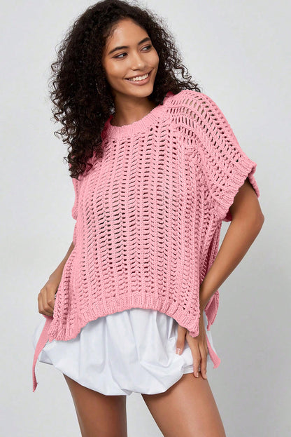 Open Knit Bow Tie Short Sleeve Sweater
