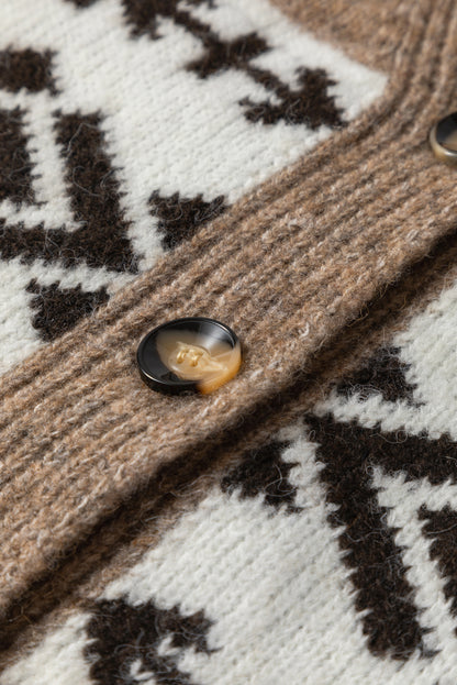 Dark Khaki Geometric Pattern Button Front V Neck Cardigan