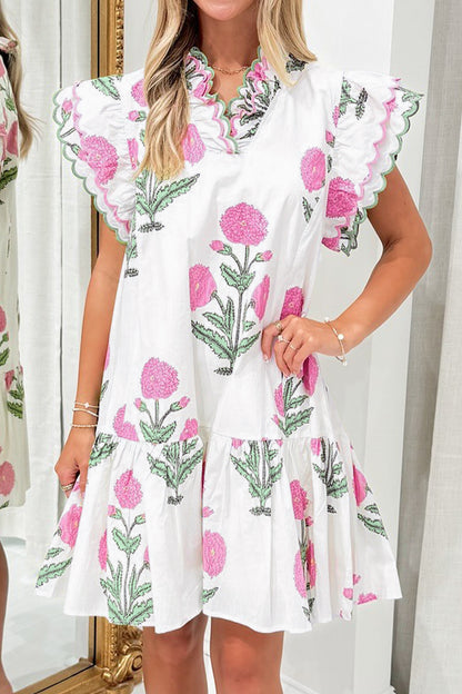 Wild Floral Print Scalloped Embroidery Trim V Neck Drop Waist Mini Dress