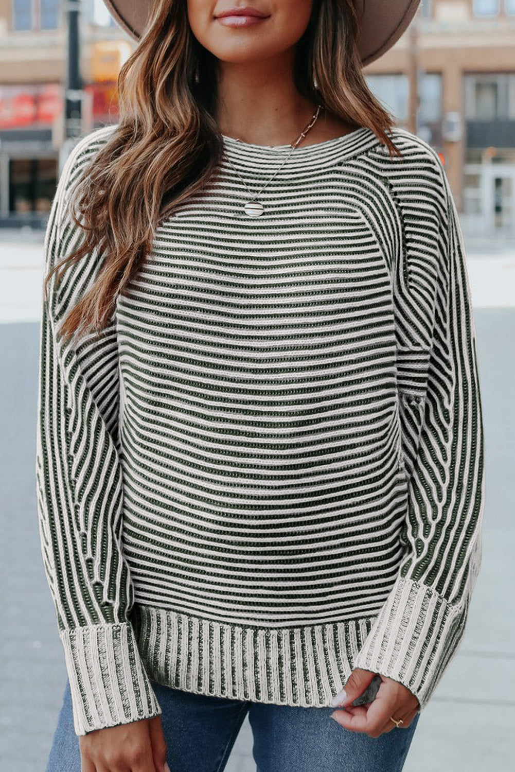Striped Print Ribbed Knit Raglan Sleeve Baggy Sweater