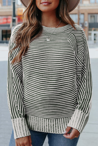 Striped Print Ribbed Knit Raglan Sleeve Baggy Sweater