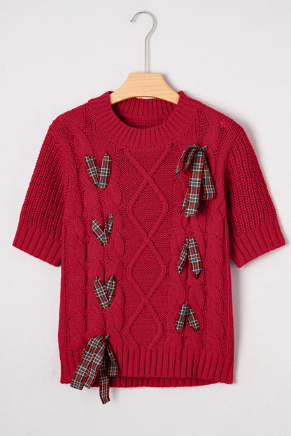 Plaid Lace-up Detail Christmas Holiday Puff Short Sleeve Sweater