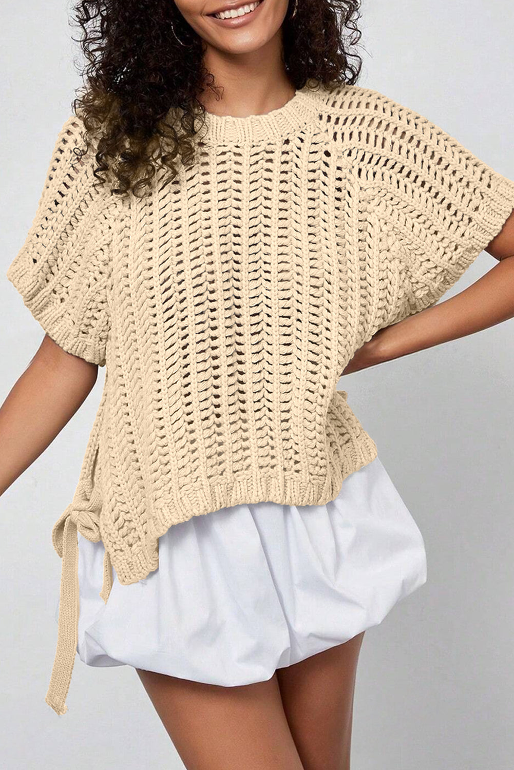 Open Knit Bow Tie Short Sleeve Sweater