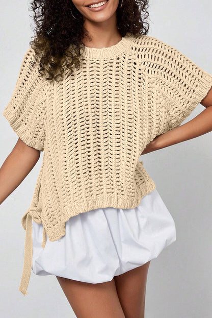 Open Knit Bow Tie Short Sleeve Sweater