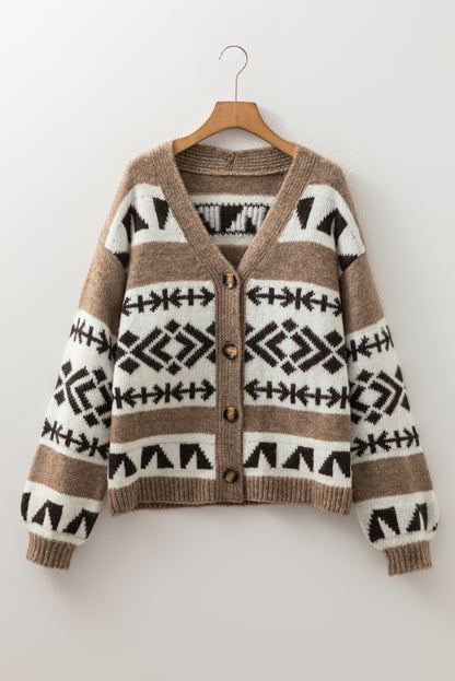 Dark Khaki Geometric Pattern Button Front V Neck Cardigan