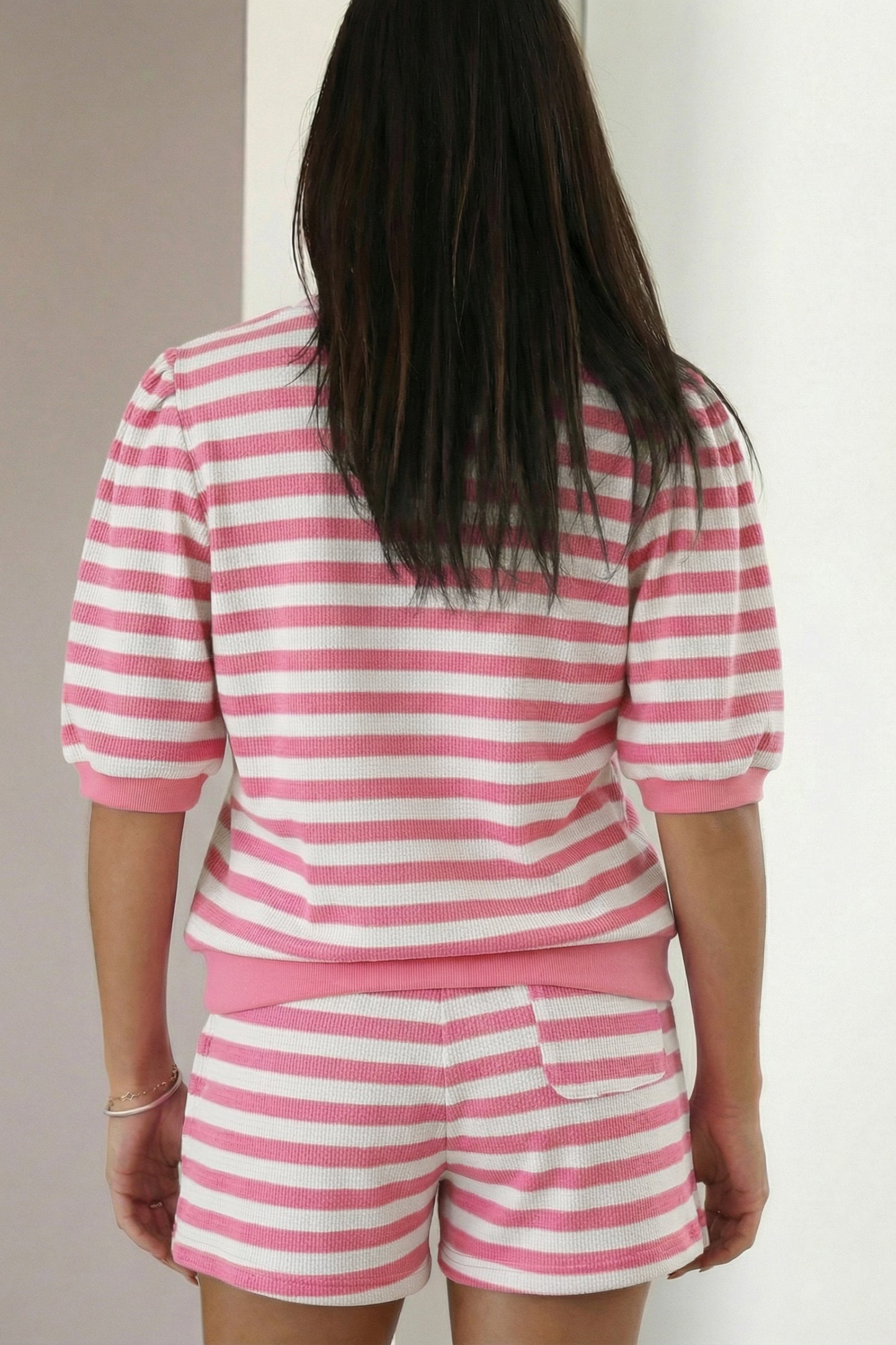 Stripe Puff Short Sleeve T Shirt Matching Shorts Set