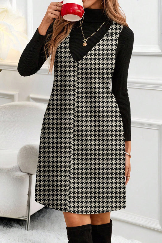 Houndstooth Print V Neck Sleeveless Mini Dress