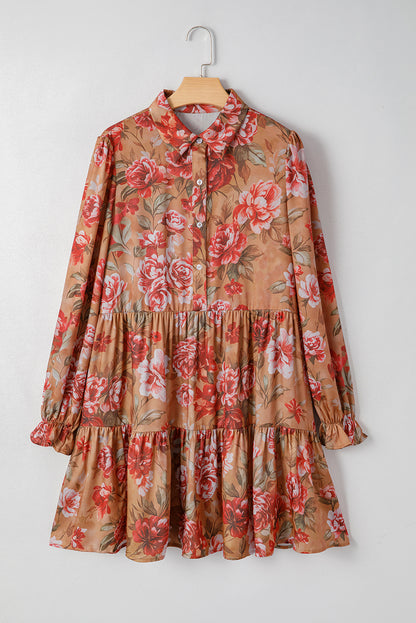 Brown Floral Print Shirt Style Long Sleeve Ruffle Mini Dress