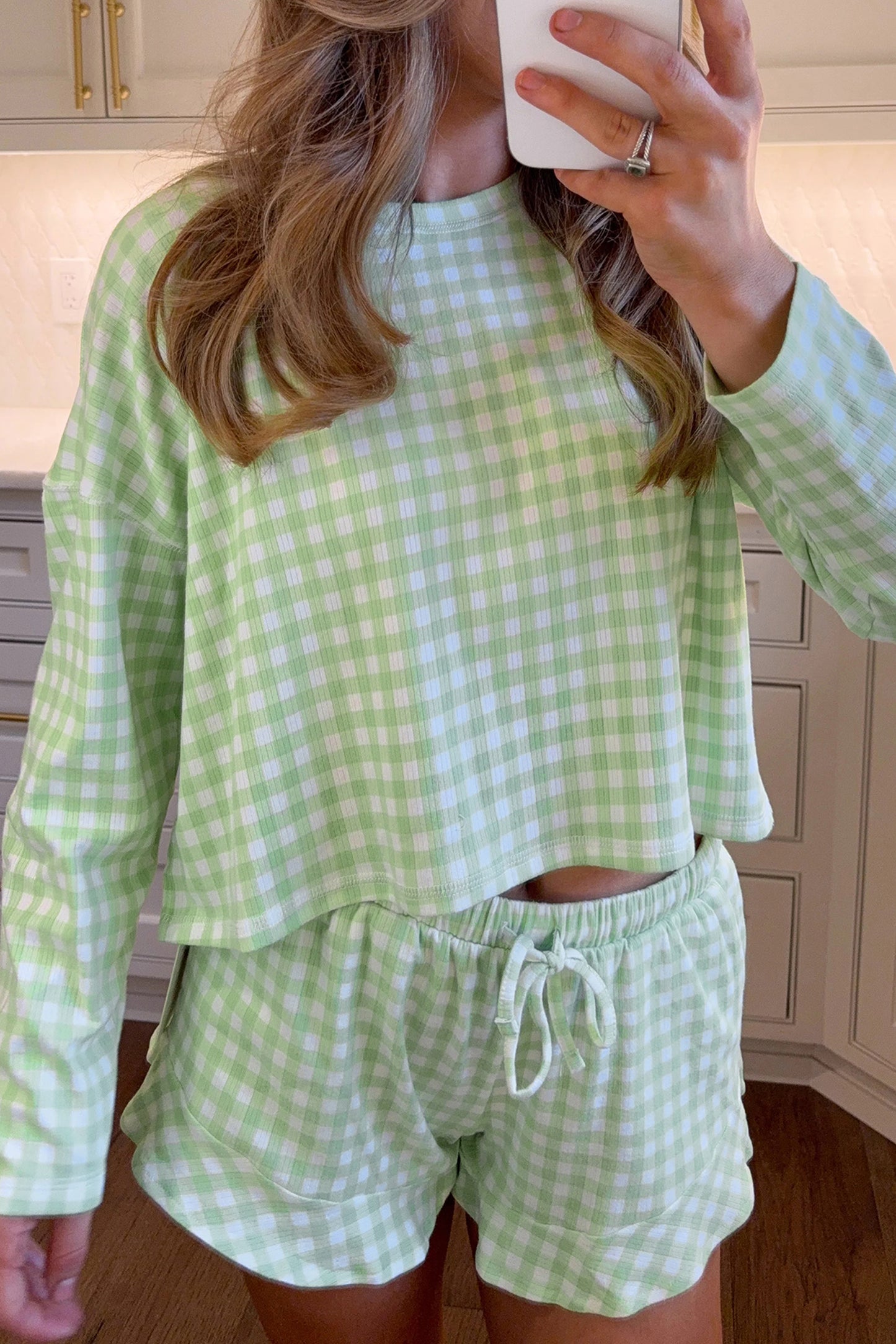 Gingham Long Sleeve Loose Top Drawstring Shorts 2pcs Lounge Set