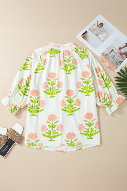 Floral Print Striped Trim V Neck Blouse
