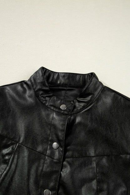 Black Faux Leather Buttoned Front Boxy Jacket
