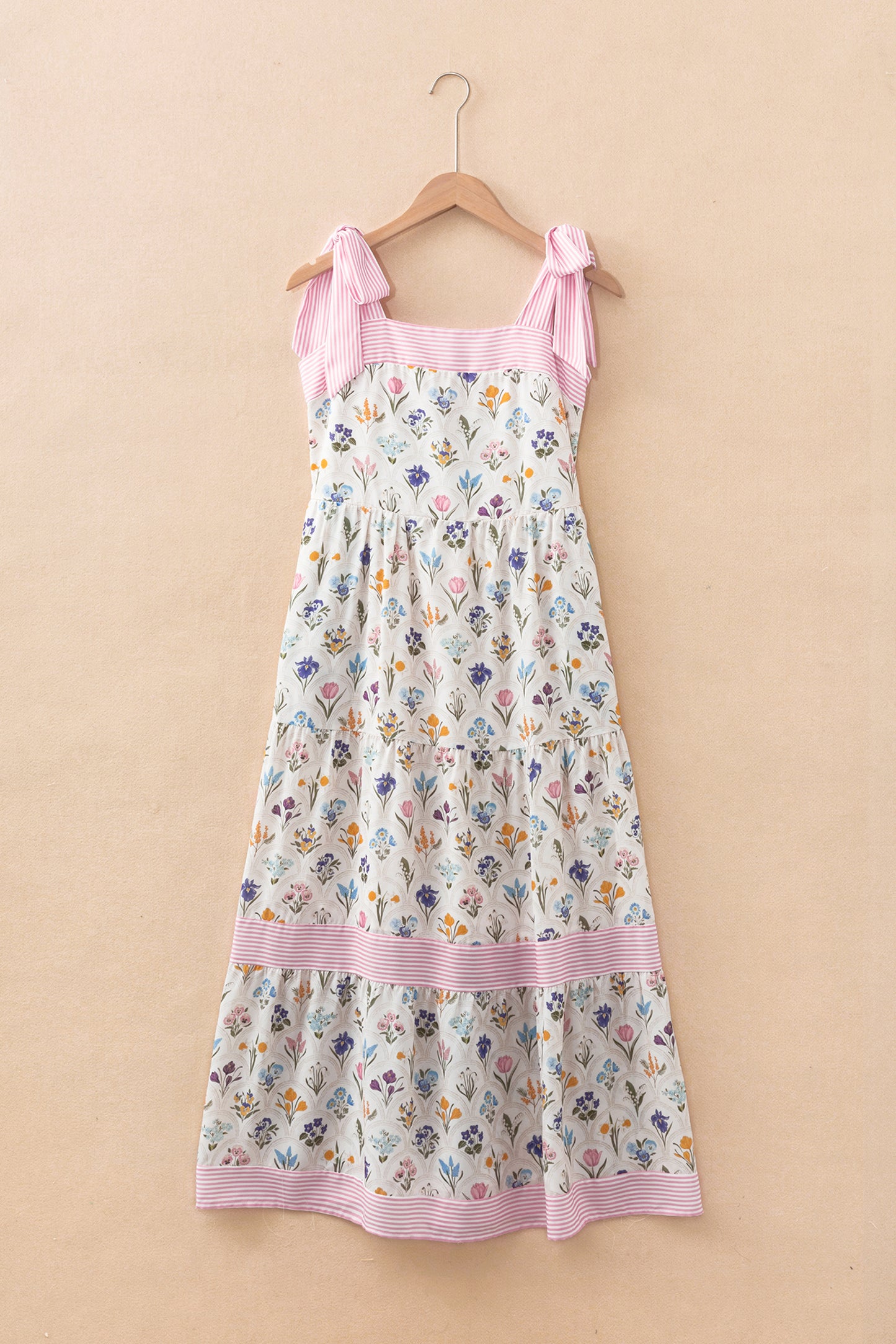 Multicolor Floral Print Striped Detail Knot Straps Maxi Dress