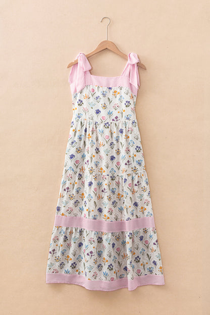 Multicolor Floral Print Striped Detail Knot Straps Maxi Dress