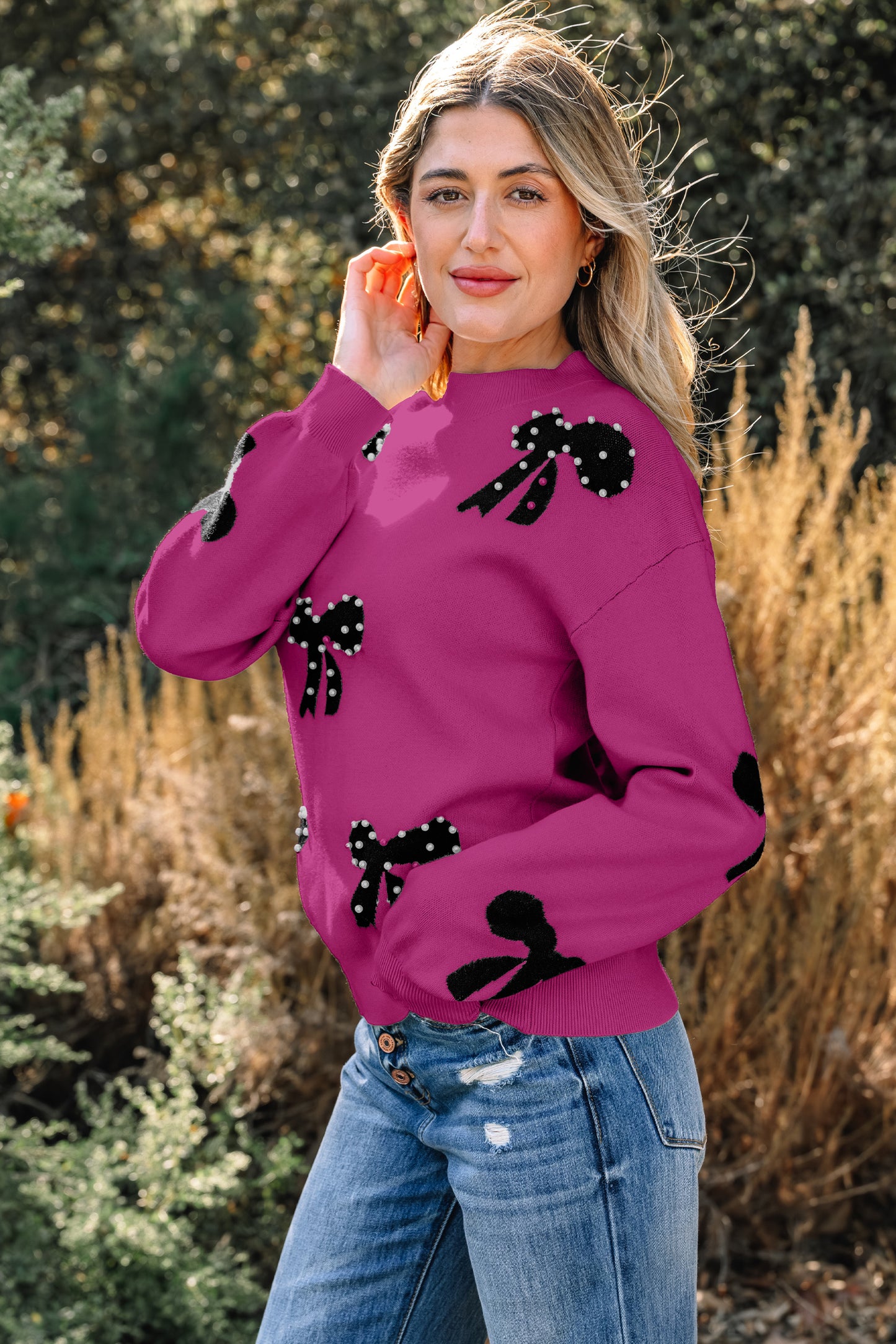 Pearl Embellished Bow Pattern Loose Sweater