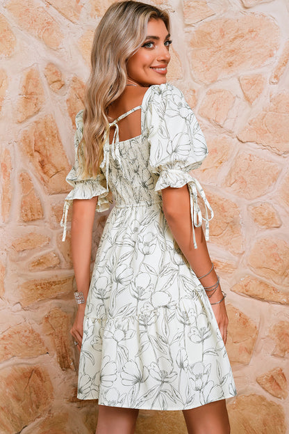 Beige Floral Print Square Neck Shirred Back Puff Sleeve Mini Dress