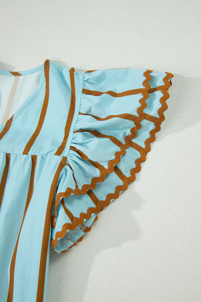 Sky Blue Stripe Ricrac Trim Double Ruffled Short Sleeve V Neck Blouse