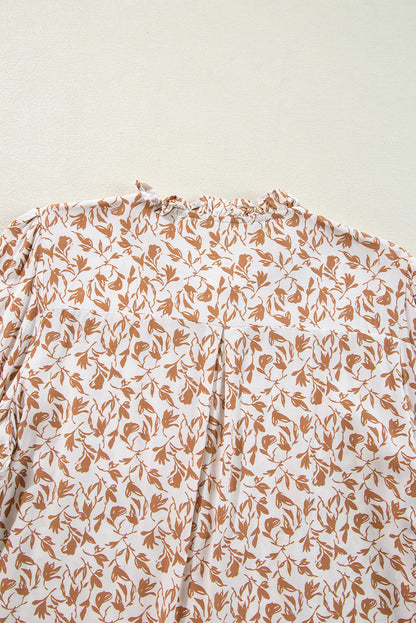 Khaki Printed Floral Print Lace Detail Puff Sleeve Shirt
