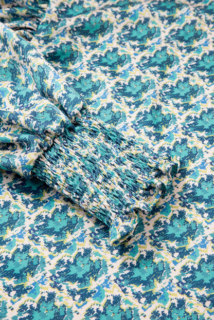 Green Abstract Print Shirred Cuff Puff Sleeve Blouse