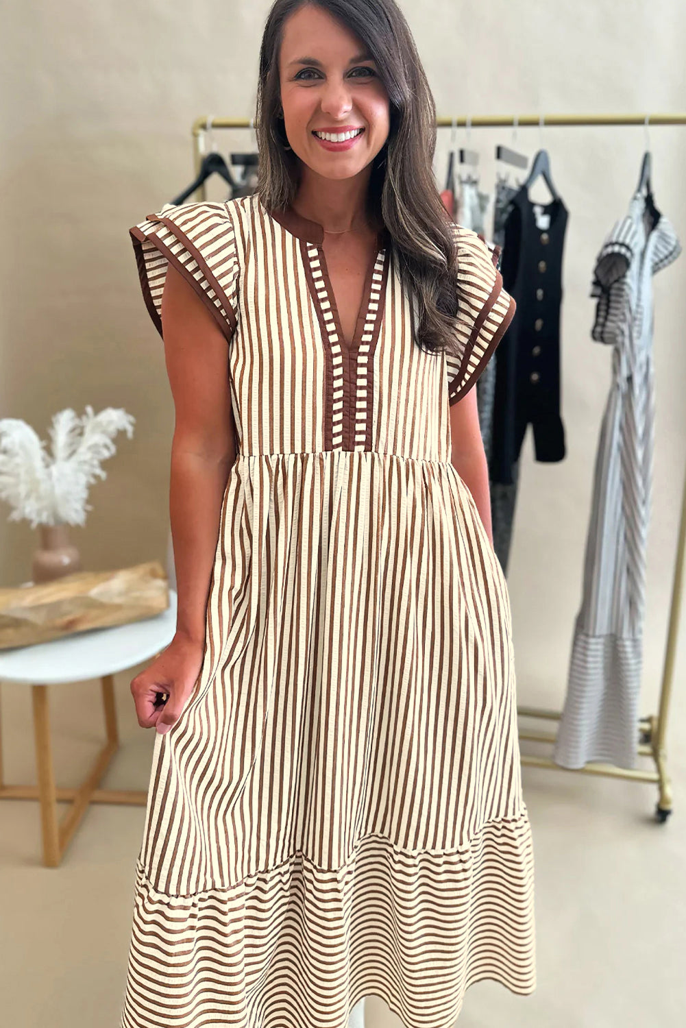 Stripe Double Ruffled Short Sleeve Contrast Trim V Neck Midi Dress