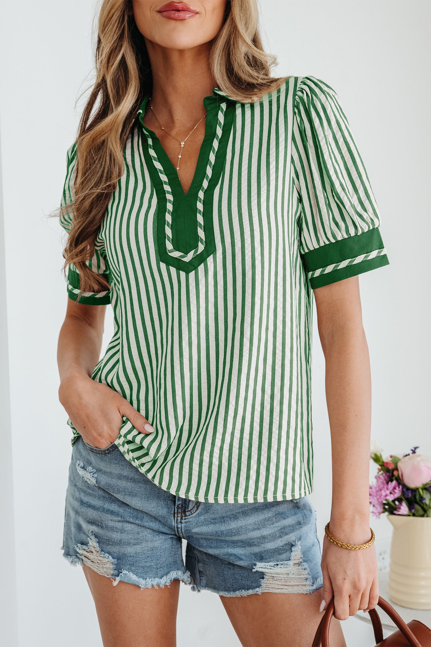 Stripe Collared Split Neck Short Bubble Sleeve Blouse