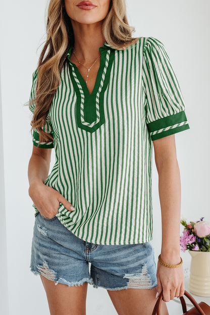 Stripe Collared Split Neck Short Bubble Sleeve Blouse