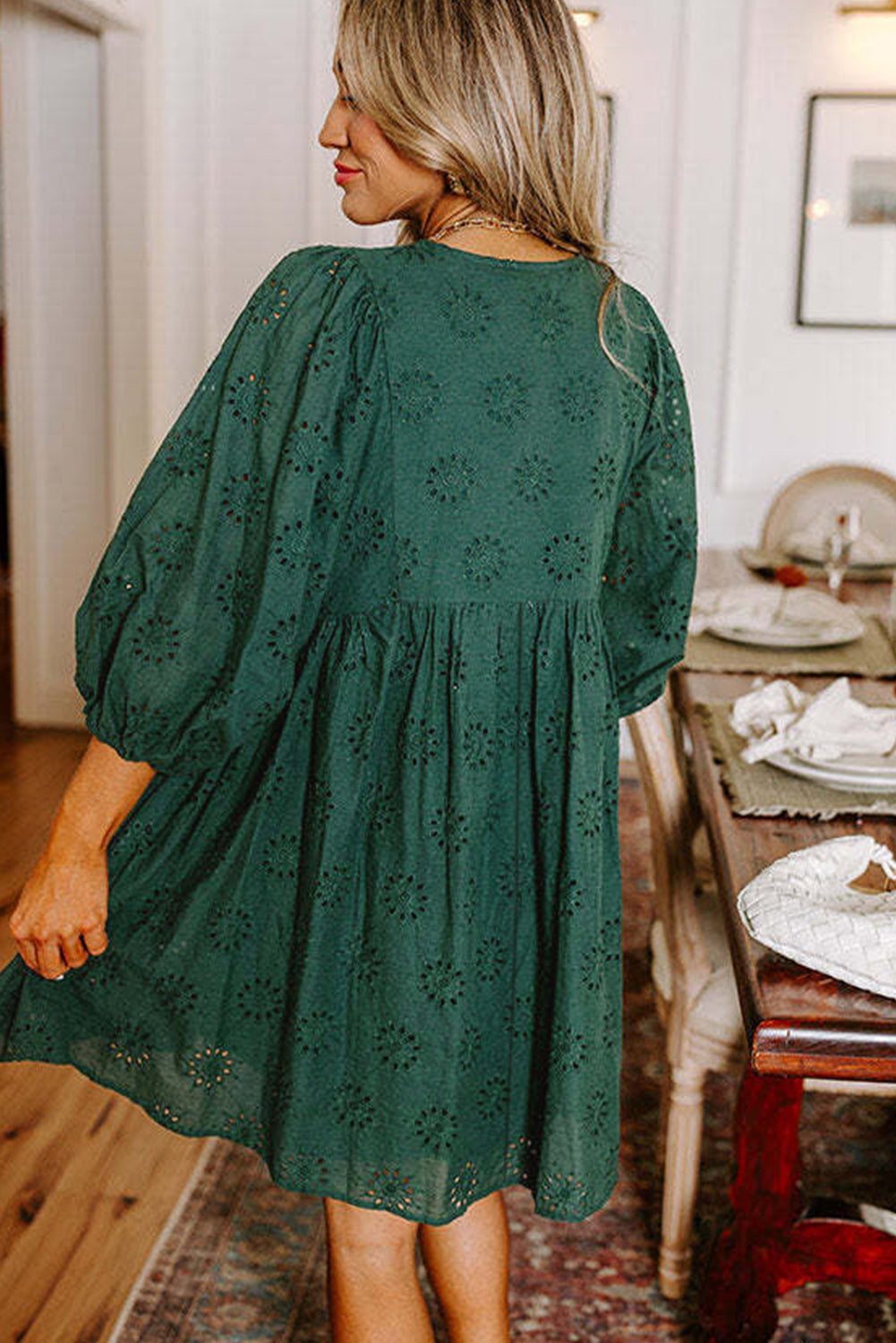 Green Embroidered Eyelet Pattern Puff Sleeve Mini Dress