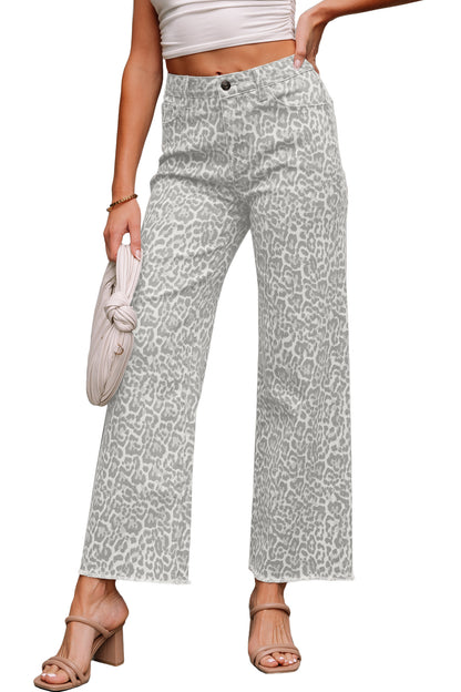 Leopard Frayed Edge Wide Leg High Waist Jeans