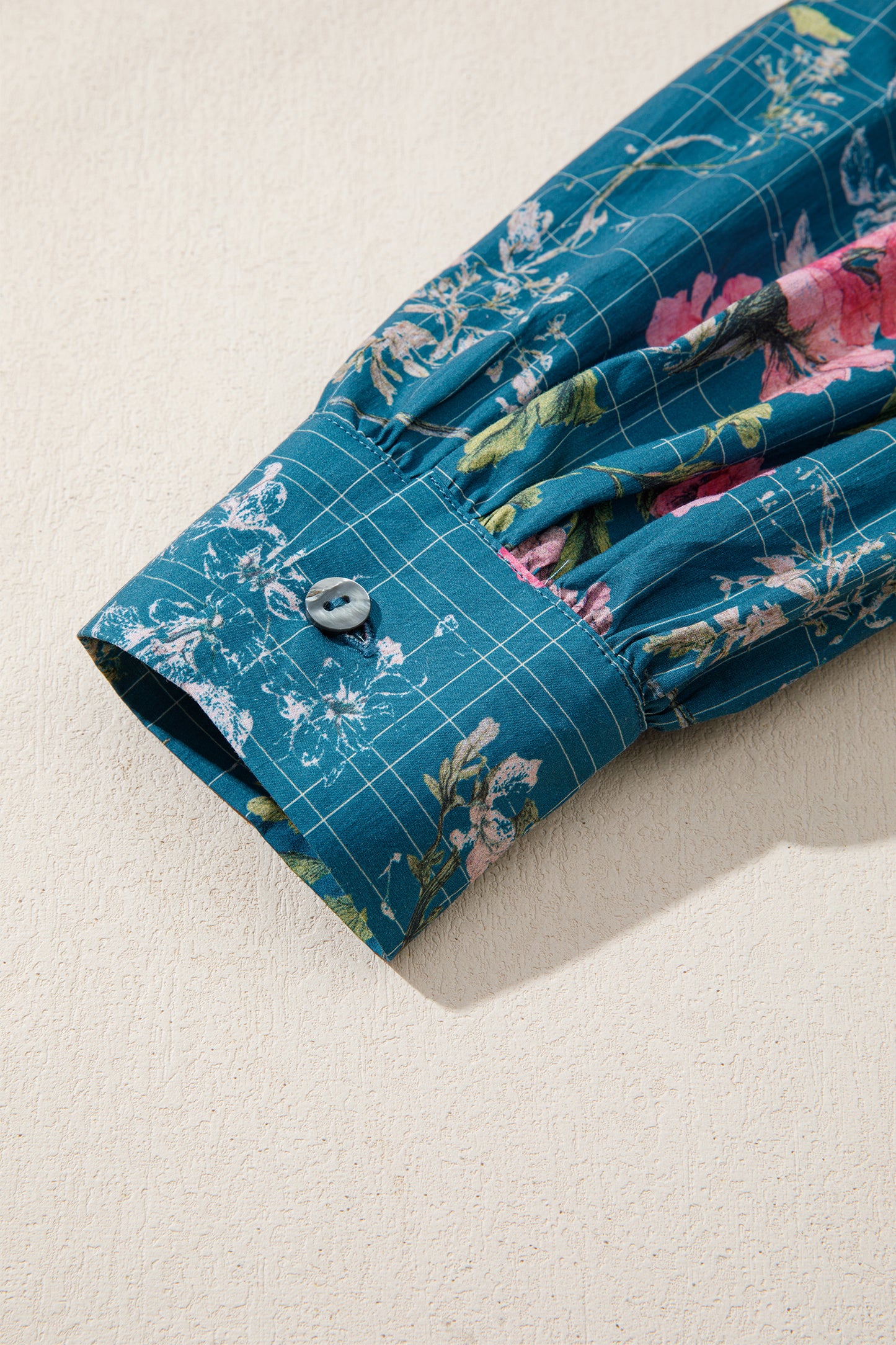 Sky Blue Floral Print Contrast Yoke Patchwork Striped Trim Long Puff Sleeve Blouse