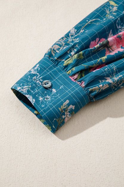 Sky Blue Floral Print Contrast Yoke Patchwork Striped Trim Long Puff Sleeve Blouse