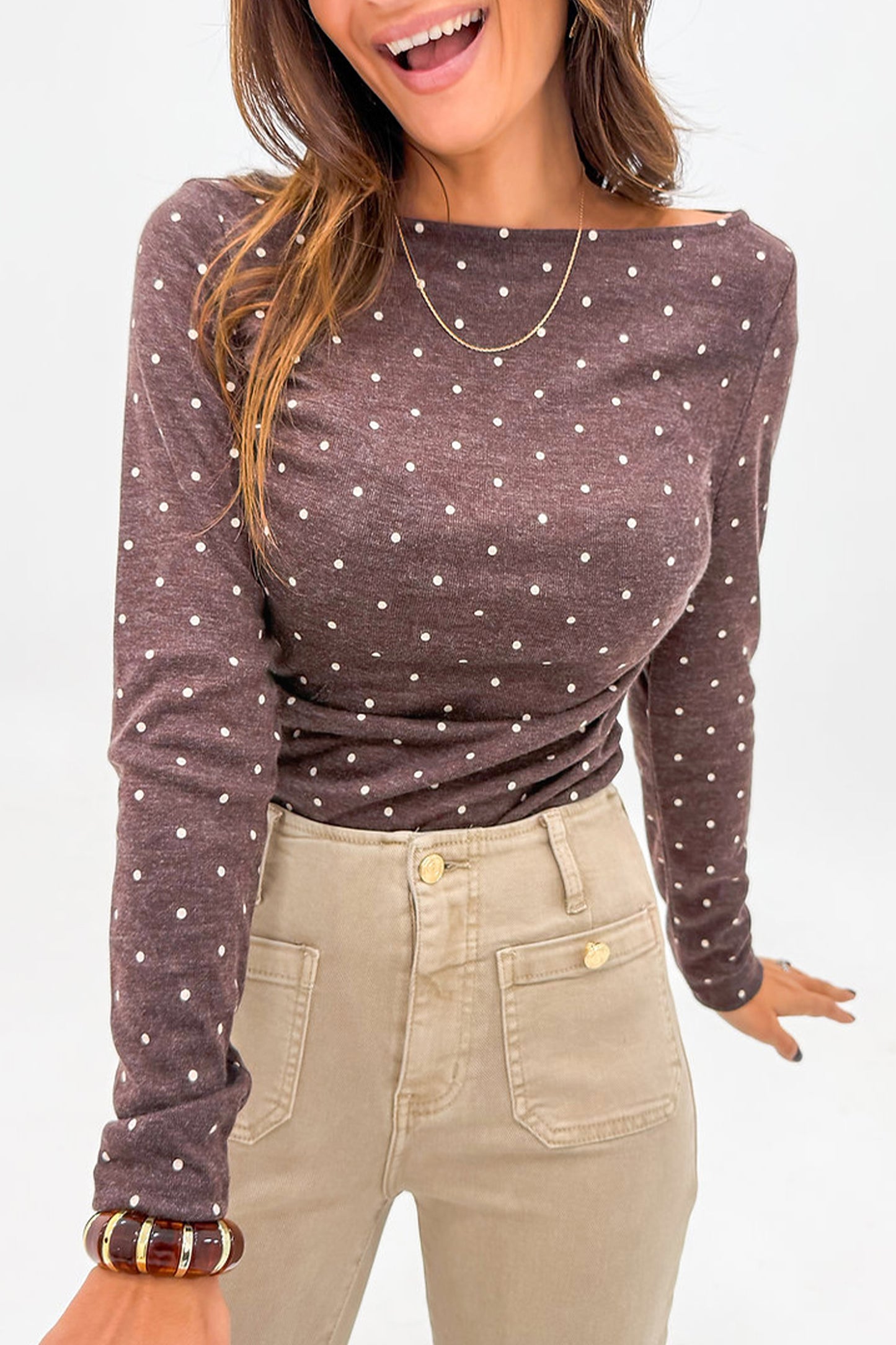 Polka Dot Boat Neck Knit Long Sleeve