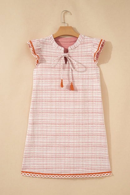 Jacquard Textured Contrast Trim Short Sleeve Tassel Tie Shift Dress