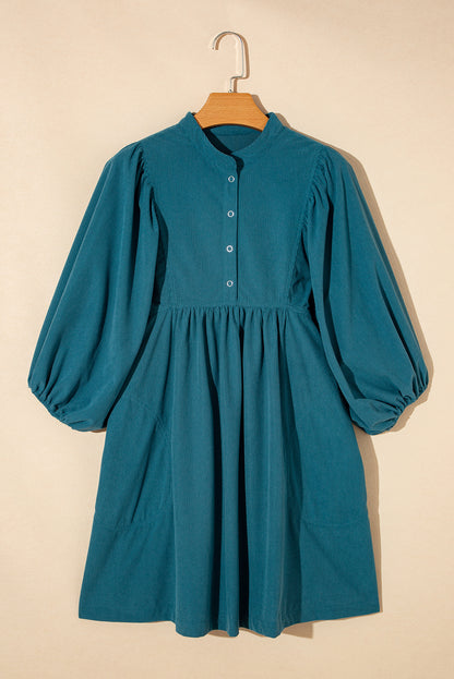 Light Snap Button Empire Waist Lantern Sleeve Corduroy Dress
