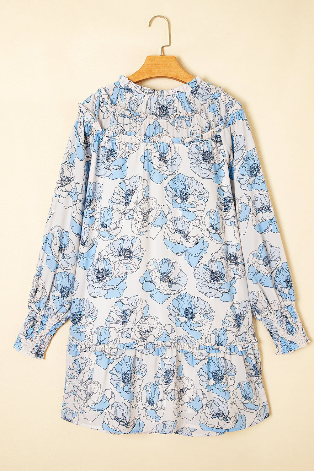 Sky Blue Floral Print Tie Neck Long Sleeve Flowy Mini Dress