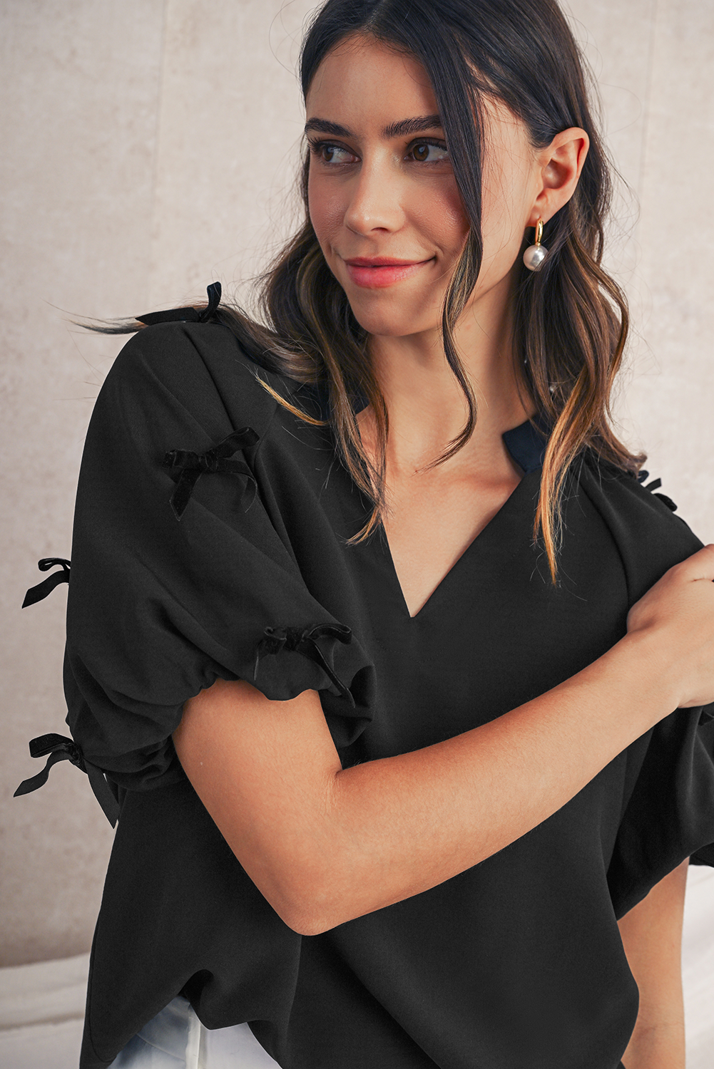 Black V Neck Bow Detail Puff Sleeve Blouse