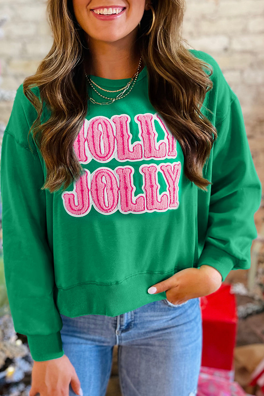 Green HOLLY JOLLY Letter Christmas Holiday Sweatshirt