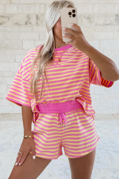Stripe Drop Shoulder Boxy Casual Terry Short Set