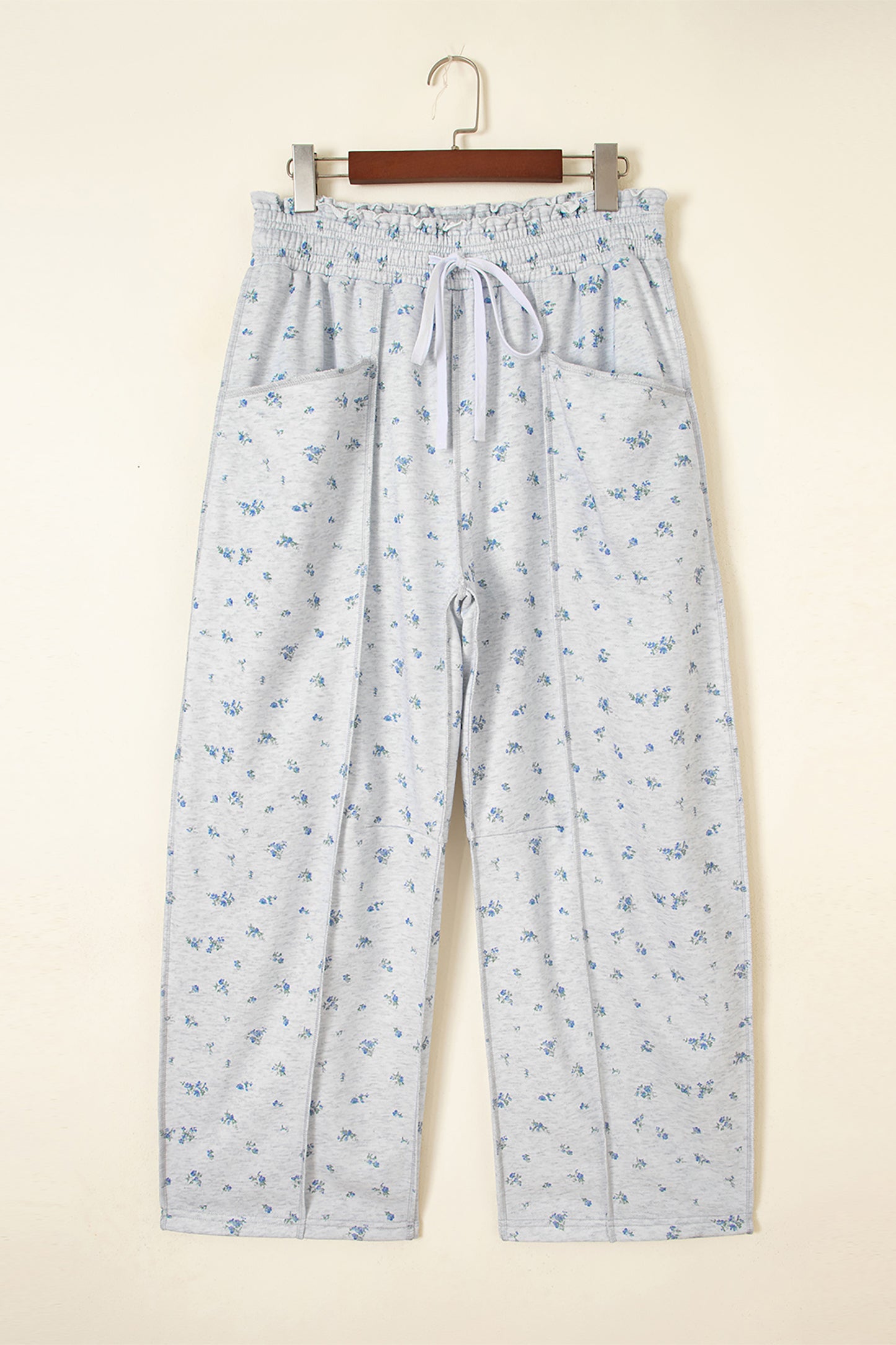 Gray Floral Print Elastic Waist Regular Fit Pants