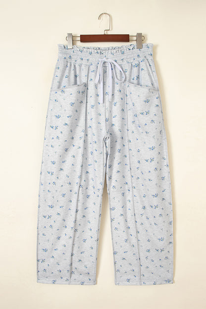 Gray Floral Print Elastic Waist Regular Fit Pants