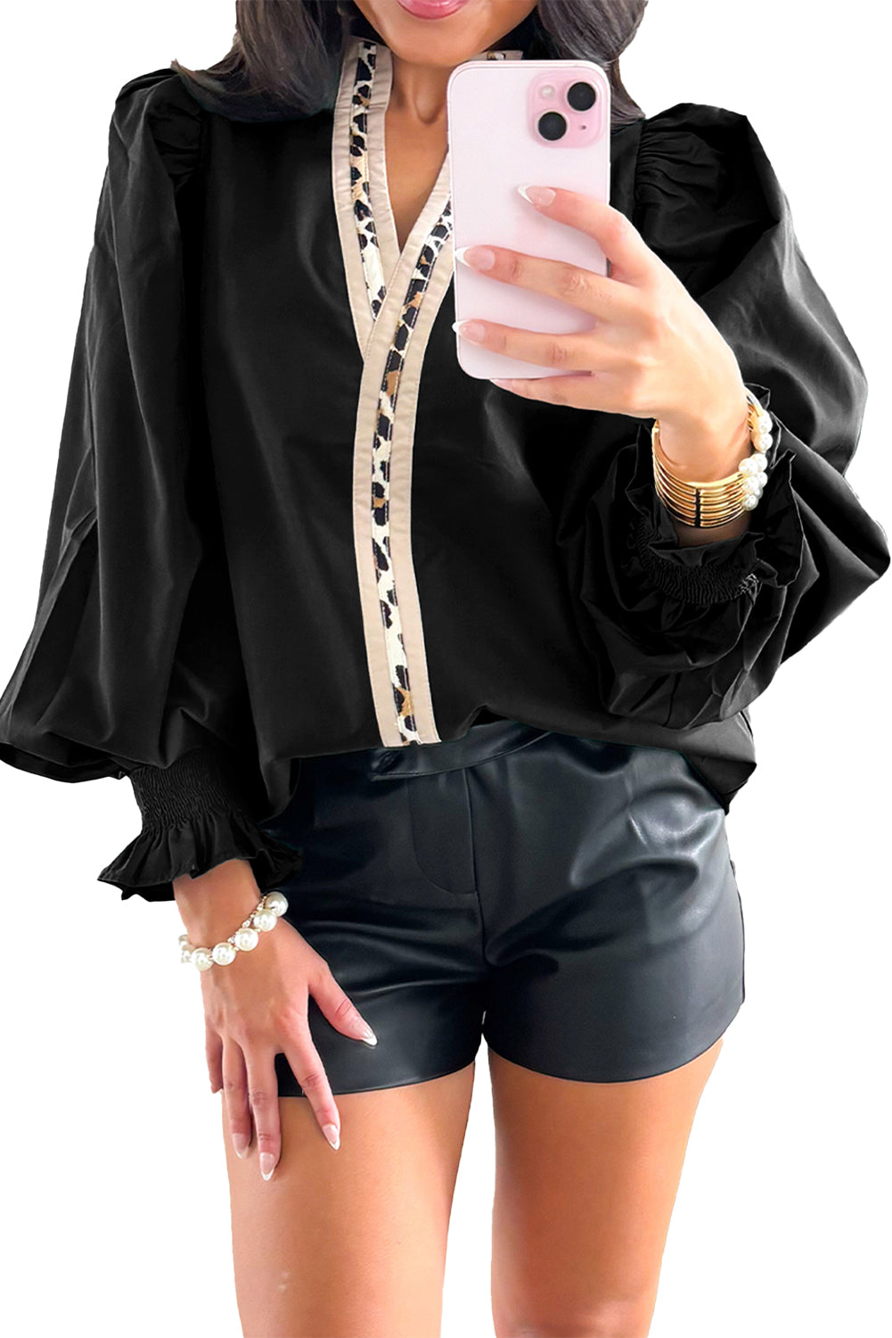 Black Smocked Puff Sleeve Leopard Trim V Neck Blouse