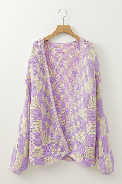 Rose Red Colorblock Checked Open Front Knitted Cardigan