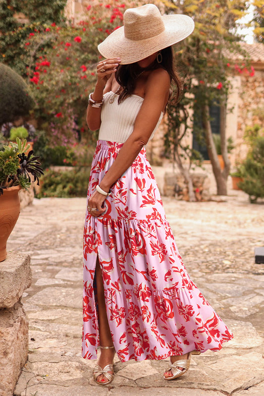 Bohemian Floral Print Tiered Maxi Skirt with Split