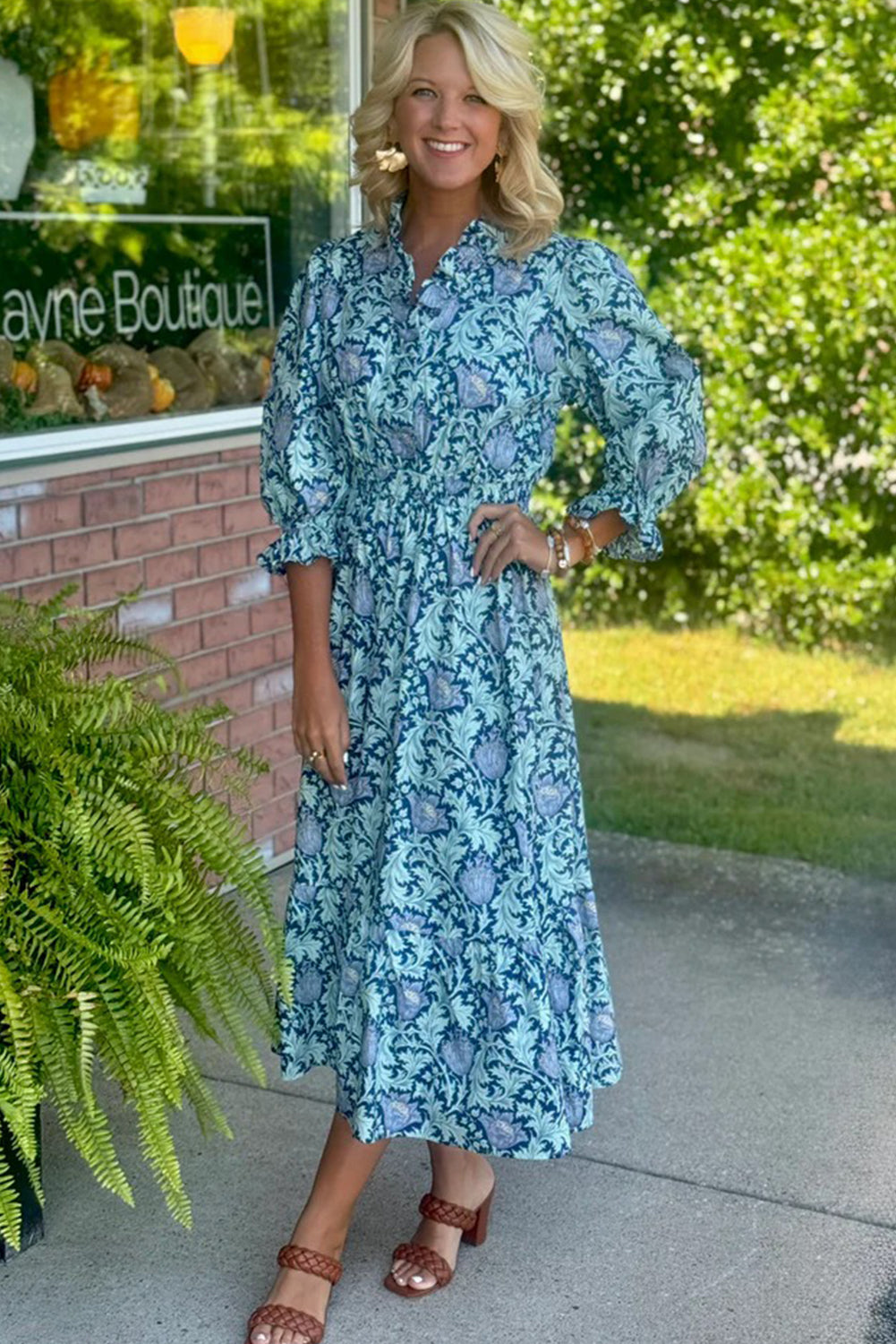 Floral Printed Frilled V Neck Bracelet Sleeve Long Dress