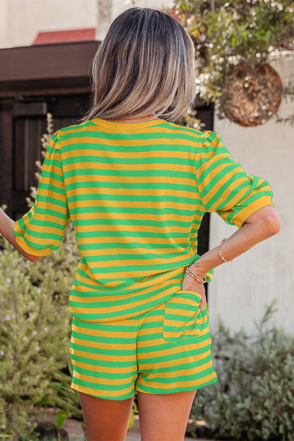 Stripe Puff Short Sleeve T Shirt Matching Shorts Set