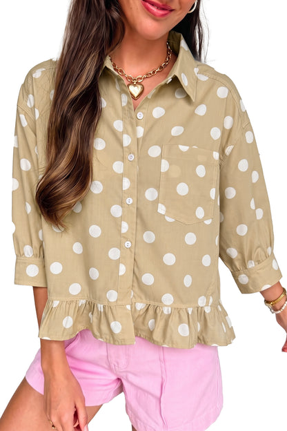 Polka Dot Print Three Quarter Sleeve Ruffle Hem Casual Shirt
