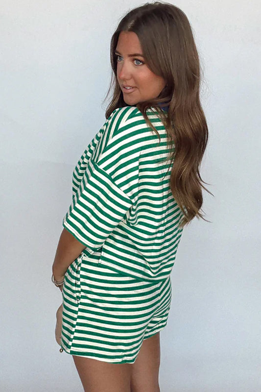 Stripe Drop Shoulder Boxy Casual Terry Short Set